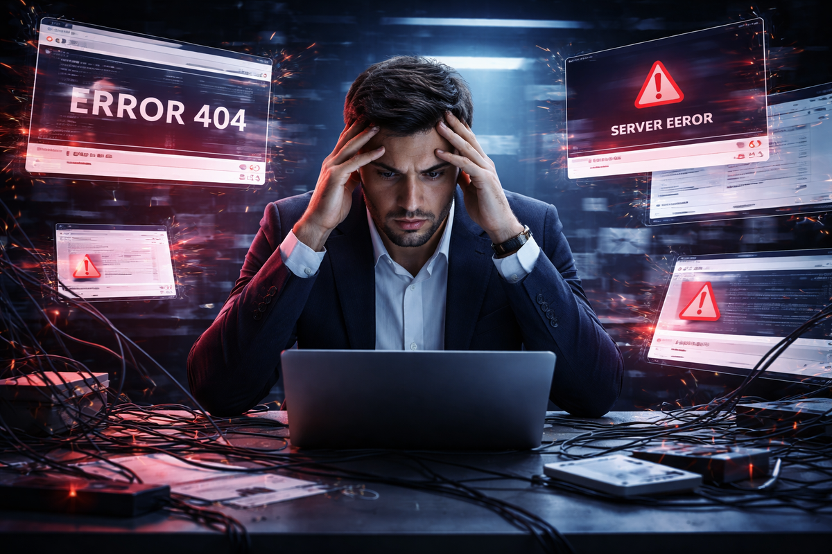 Ошибки при заказе разработки: предприниматель сталкивается с проблемами и сбоями в проекте сайта.