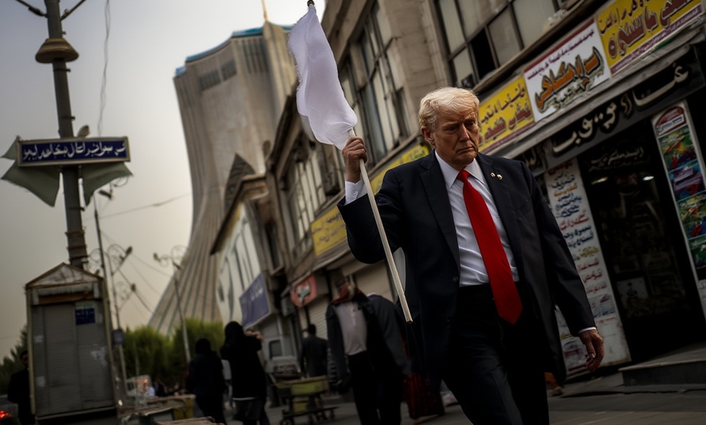    Трамп уже не знает, как вылезти из начатой авантюры. Иран не стал избегать эскалации и жаловаться в ООН, как Россия, и теперь непонятно, что с ним делать. Иллюстрация: Блокнот