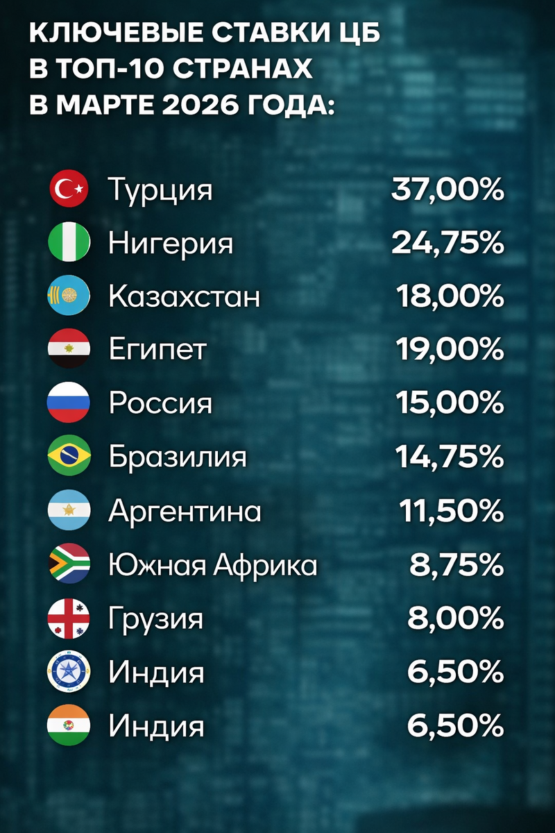 Ключевые ставки в ТОП-10 странах март 2026 
