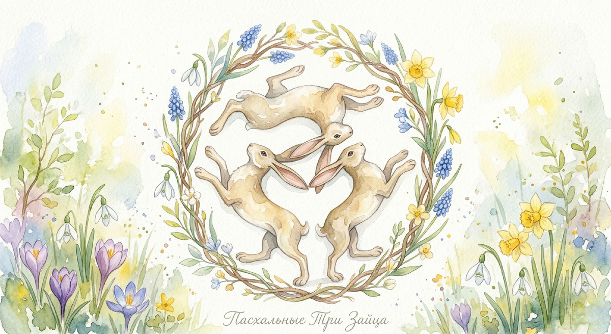 Акварельная стилизация мотива "Трех зайцев"