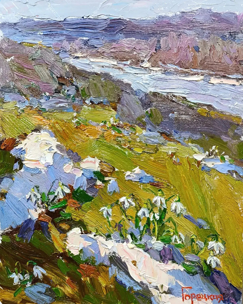 Полина Горецкая «Подснежники» 2026 картон, масло 40х30 
