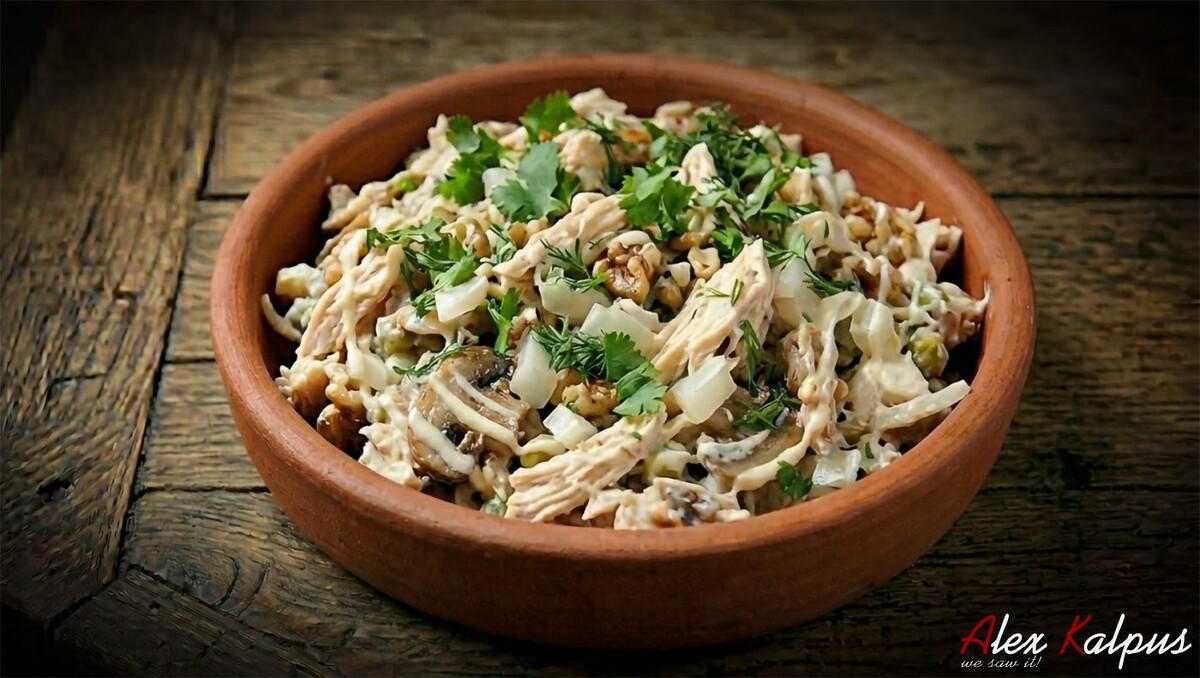 Куриный салат с грибами, солеными огурцами, горошком, морковью и луком по-грузински: рецепт, который меняет представление о привычных сочетаниях