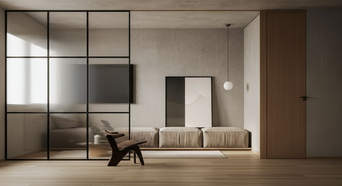 Интерьер гостиной, выполненный в стиле современного минимализма, с большими окнами, залитый мягким естественным светом. Пространство кажется открытым и функциональным.