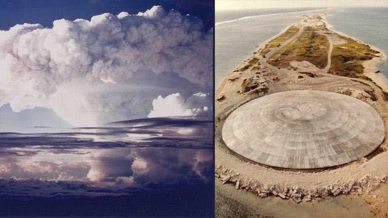 Ядерное испытание «Кактус» (Cactus), часть операции «Хардтак» (Hardtak) (слева). Кратер, оставшийся после этого взрыва, впоследствии использовали для захоронения радиоактивных отходов и строительства нынешнего Купола Рунит (справа).