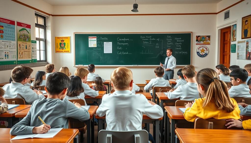    Советский класс, ученики внимательно слушают учителя, строгая обстановка с учебными материалами на стенах.