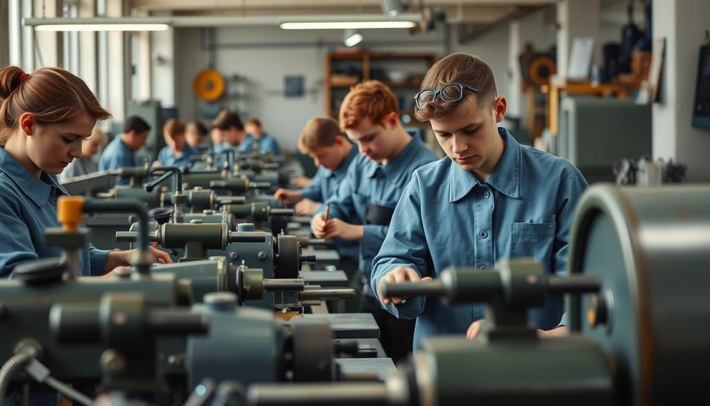    Ученики осваивают профессиональные навыки на заводе, работа с техникой и инструментами, символизирующая практическое обучение.