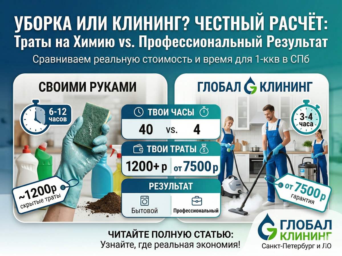 Генеральная уборка в СПб: сам или профи? Считаем стоимость химии, техники и 12 часов вашего времени. Клининг от 7500 ₽ с гарантией результата. Узнайте, где кроется реальная экономия.