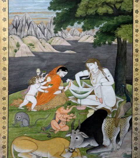 В традиционной индийской живописи сцены с Шива и Парвати (Умой) на Кайласе — это не столько семейный портрет богов, сколько целый мир