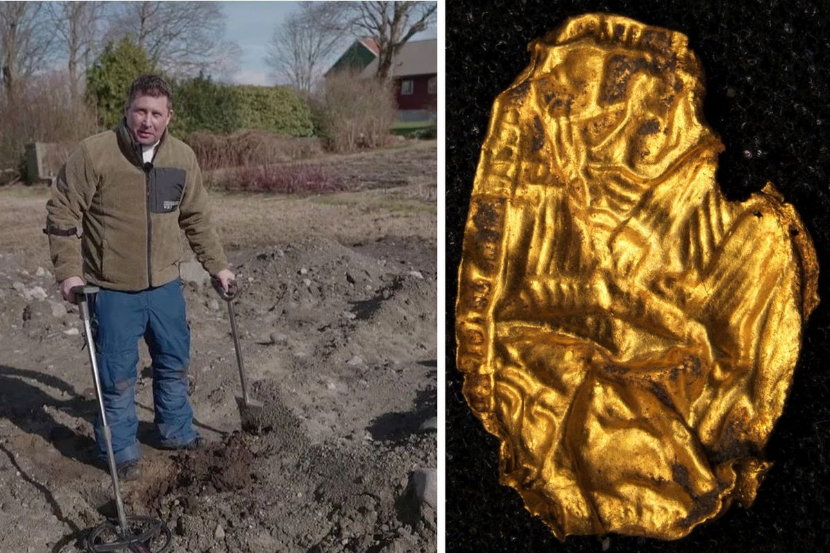    "Старичка" из золотой фольги на поле своей фермы нашел археолог-любитель. / nrk.no