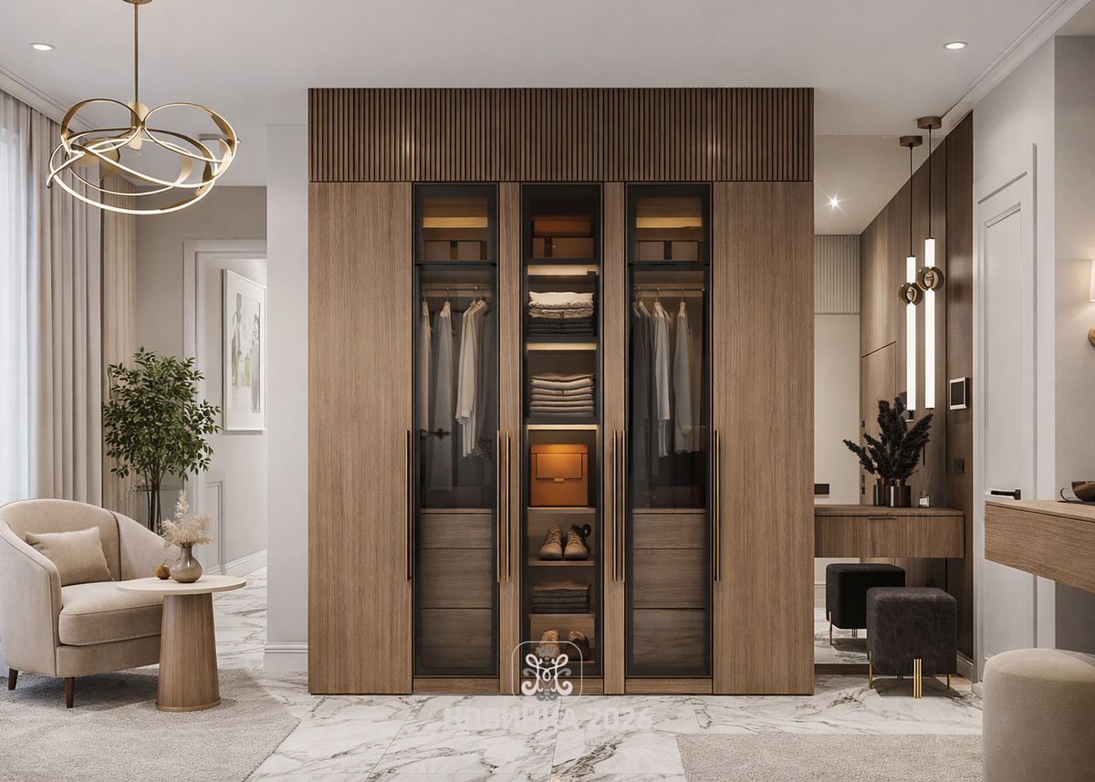 встроенный шкаф до потолка в спальне, минимализм.