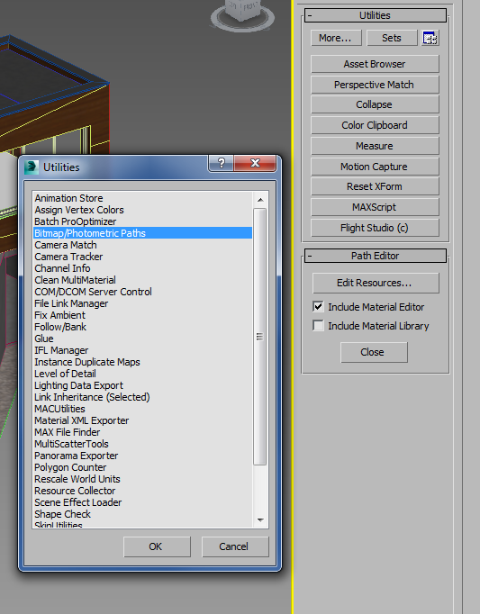 Перейдите на вкладку Utilities (панель с иконкой молотка), выберите More… и найдите в списке Bitmap/Photometric Paths. В открывшемся свитке нажмите кнопку Edit Resources… — после этого появится отдельное окно со списком всех путей к файлам сцены.



Выделите все файлы в списке и нажмите кнопку Copy Files, после чего в строке New Path укажите путь к папке, в которой будут храниться все ваши текстуры. Затем еще раз выделите все файлы, нажмите Set Path и укажите ту же самую папку. Теперь все текстуры будут собраны и зафиксированы в одном месте.