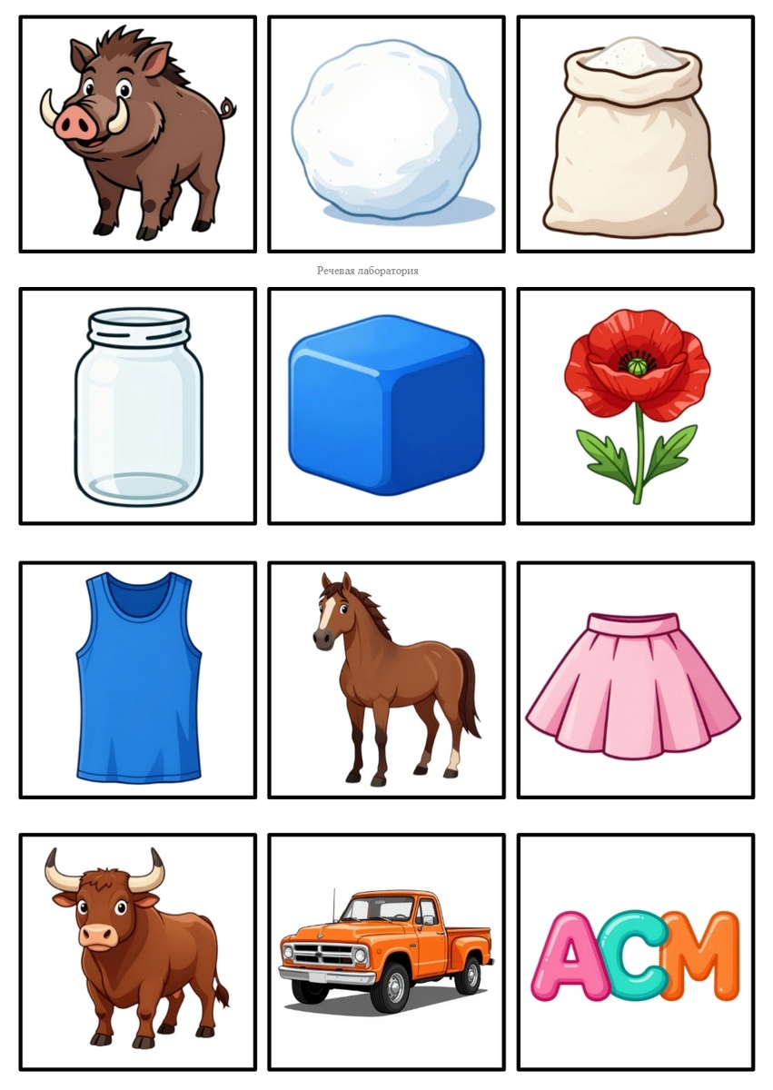 Кабан, ком, мука, банка, куб, мак, майка, конь, юбка, бык, пикап, буквы