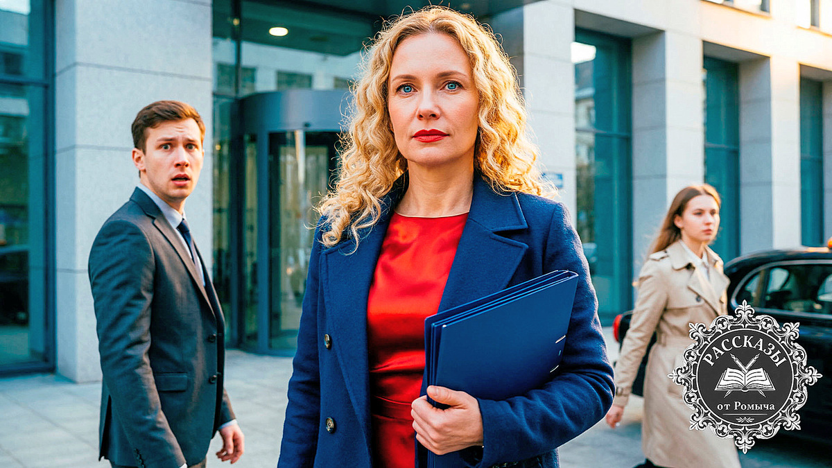 Молодая женщина, светлый блонд, голубые глаза, в ярко-красном шелковом платье, накинутом сверху строгом темно-синем пальто. Она стоит на фоне здания нотариальной конторы, в руках держит папку с документами. Лицо выражает холодное торжество. На заднем плане растерянный муж и уходящая к такси женщина. Фокус на лице ГГ и её победной эмоции.