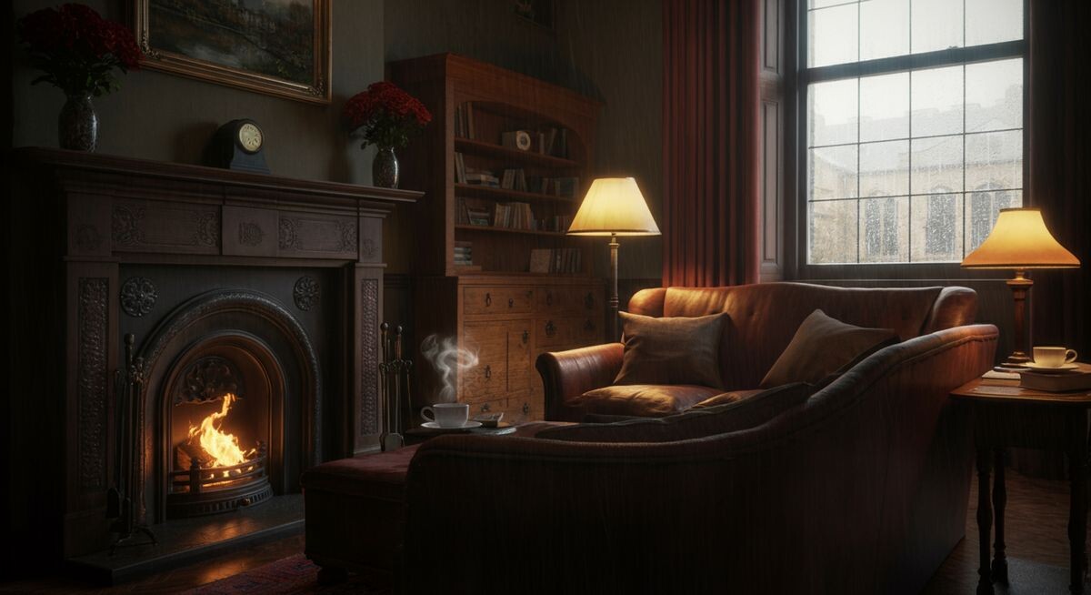 Интерьер уютной британской гостиной, за окном туман, на столе чай.