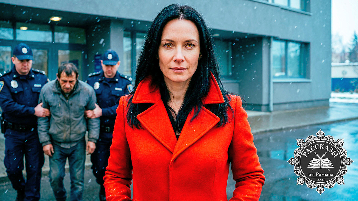 Женщина с черными волосами и янтарными глазами, в ярко-красном пальто. Она стоит на фоне серого здания полиции под мокрым снегом. Лицо выражает холодное, торжествующее спокойствие. На заднем плане, в расфокусе, двое полицейских ведут сломленного мужчину в тусклой серой куртке.