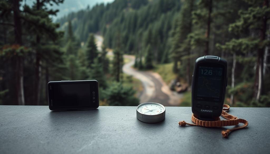    Живописный лесной пейзаж с извивающейся тропой и навигационными гаджетами, такими как GPS и компас, символизирующими приключения без интернета.