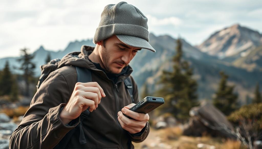    Человек на природе, использующий переносной GPS-навигатор в суровом окружении гор и деревьев, подчеркивая суть использования GPS для навигации.
