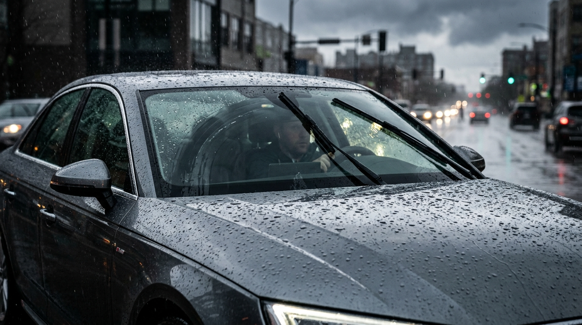 Крупный план автомобиля под дождём