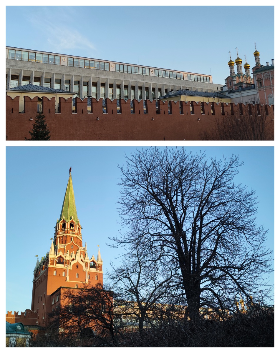 Верхняя часть Кремлёвского  дворца за зубцами стены, купола Верхоспасского собора (вид с Троицкого моста).  Троицкая башня. Основной вход в Кремль уже много лет через Троицкий мост и Кутафью башню.