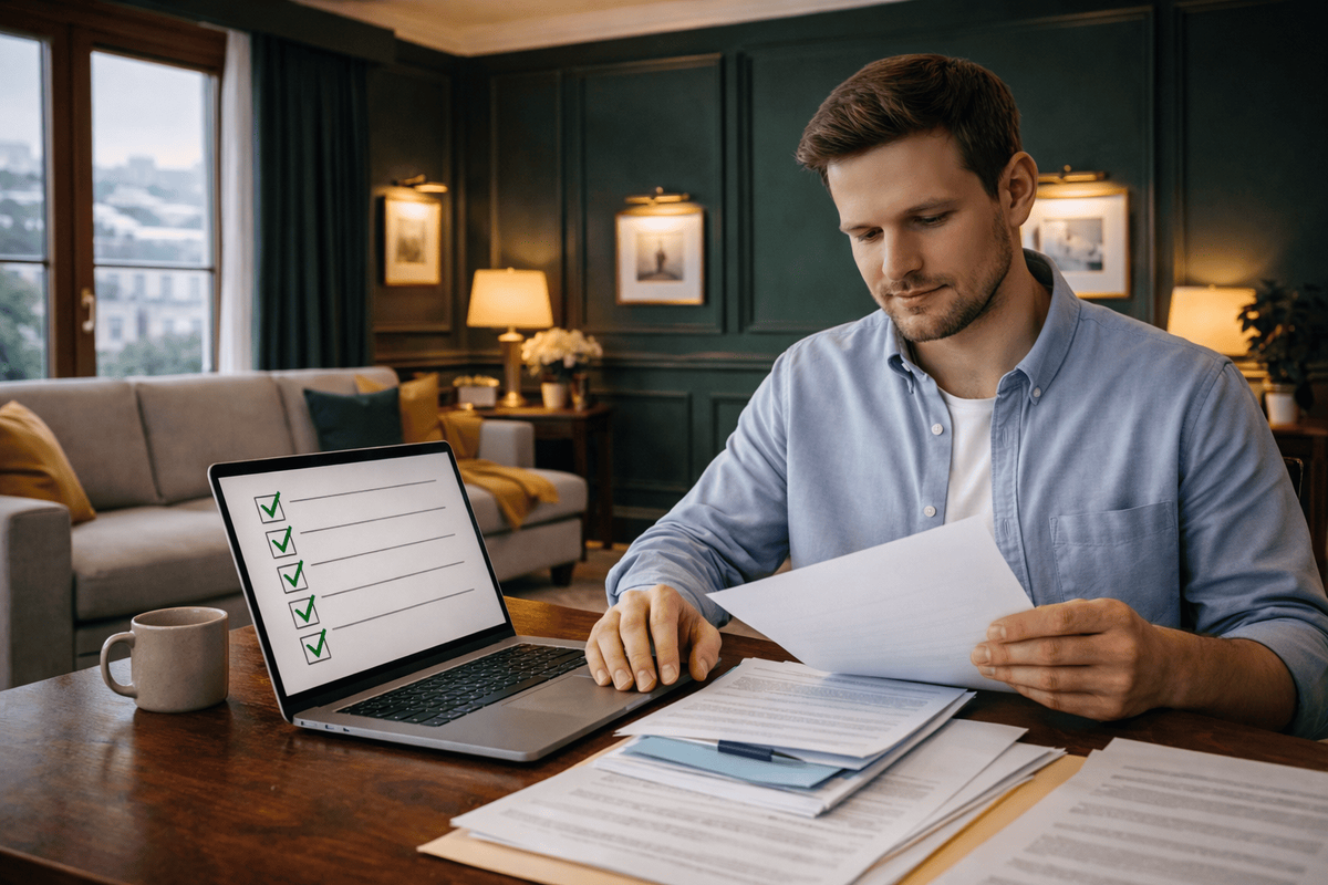 Мужчина проверяет документы для сделки с недвижимостью за ноутбуком по чек-листу