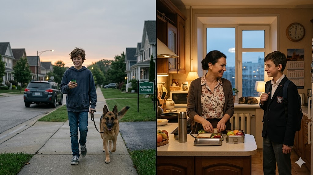 6 утра в Чикаго и Москве: один выходит во двор за заработком, другой под завязку собран к школе.