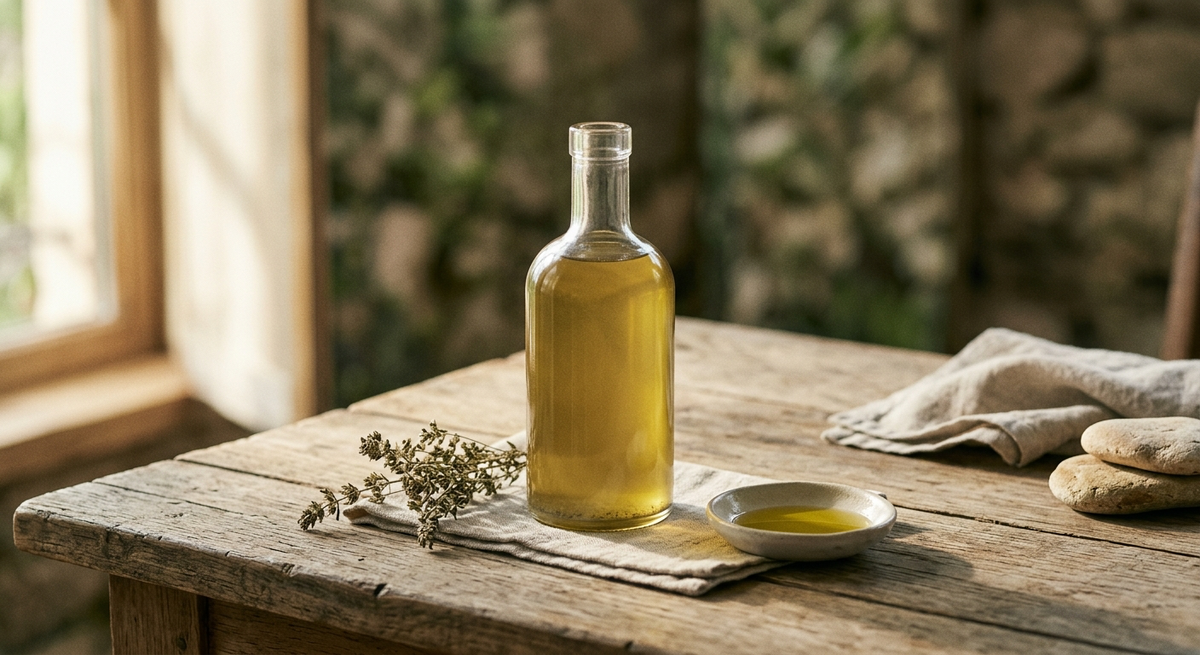 бутылка нерафинированного масла холодного отжима с естественным оттенком и легким осадком, мягкий теплый свет, натуральная подача
