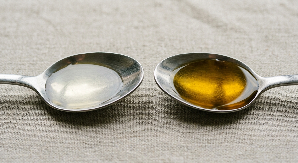 сравнение двух масел в ложках — рафинированное светлое и прозрачное и холодного отжима более насыщенного цвета и плотной текстуры

