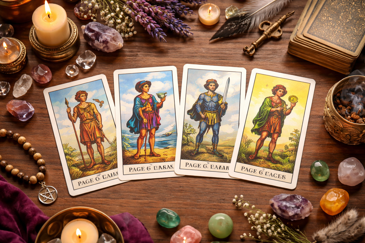 Пажи в Таро в раскладе на столе с атрибутами гадания — пример визуального чтения и трактовки карт.