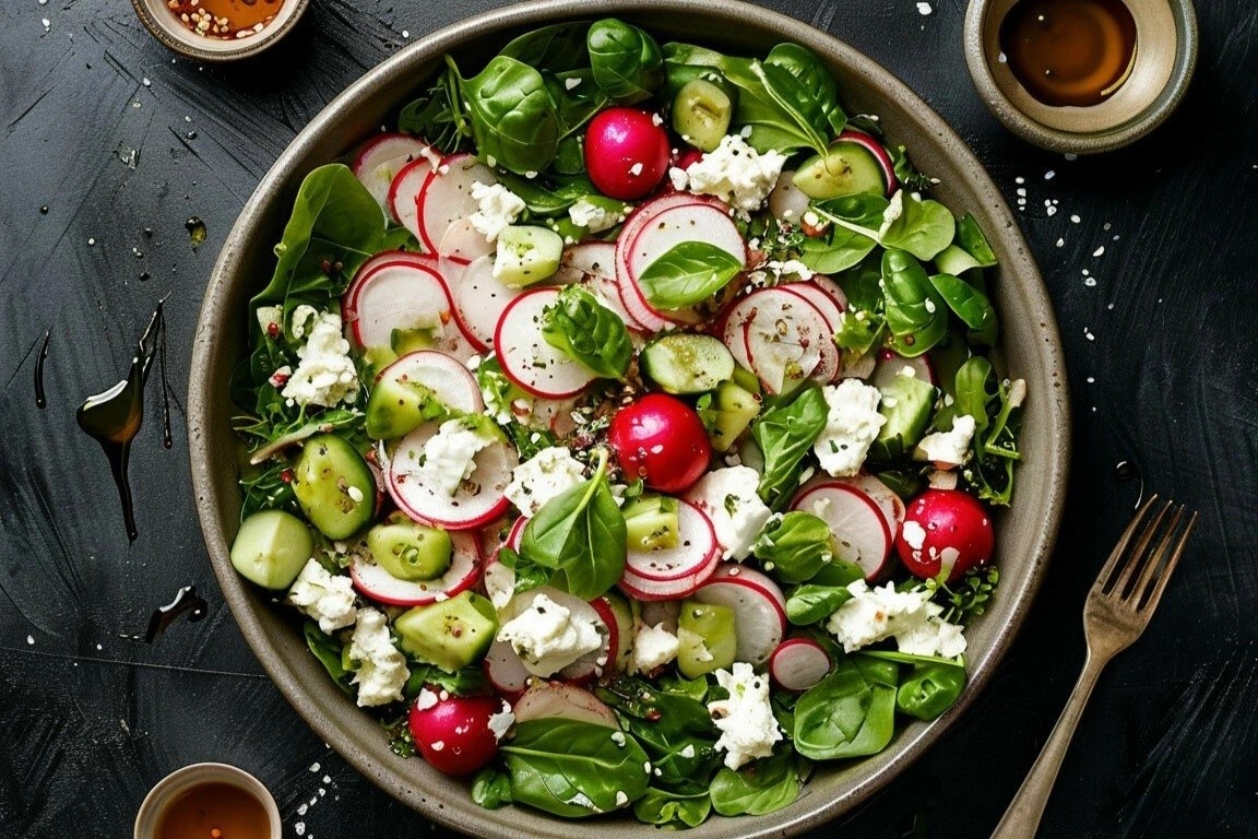 Салат с редисом, зеленью, огурцом и творожным сыром