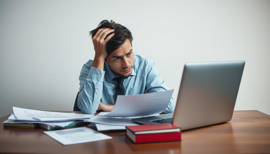    Встревоженный человек сидит за столом с бумагами и ноутбуком, выглядели обеспокоенным из-за кражи паспортных данных.