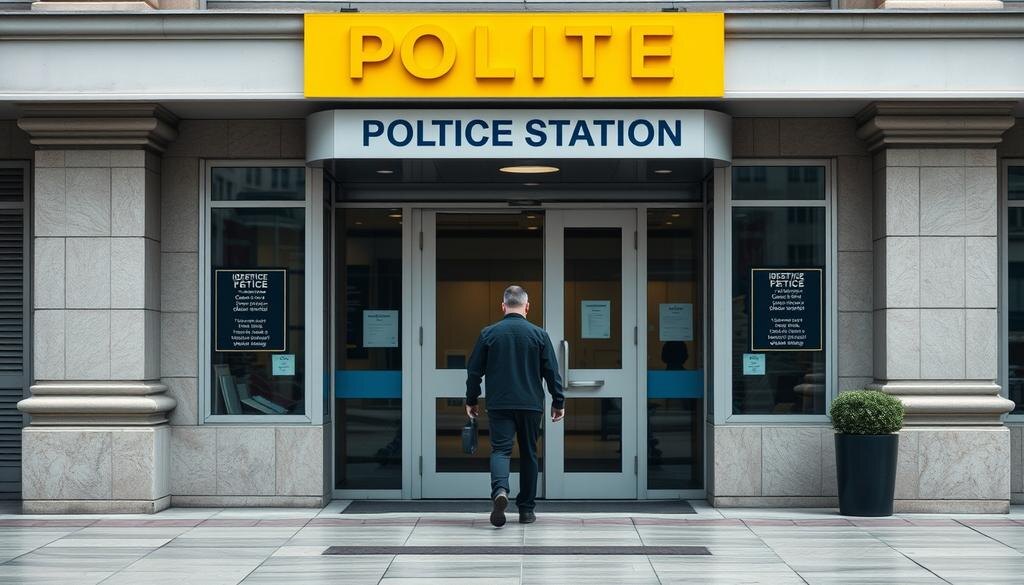    Экстерьер полицейского участка, человек подходит к входу для подачи заявления о краже данных.