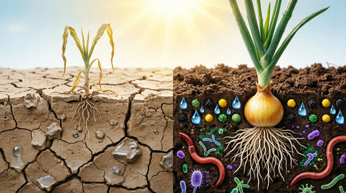 Слева - безжизненная почва, справа - после внесения удобрения "Черный Жемчуг Гумус" + Гидрокомплекс"