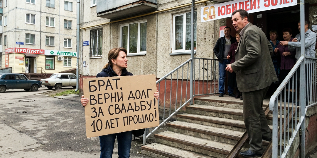 Брат занял на свадьбу и не вернул. Прошло 10 лет. Он позвал на юбилей — она пришла с плакатом