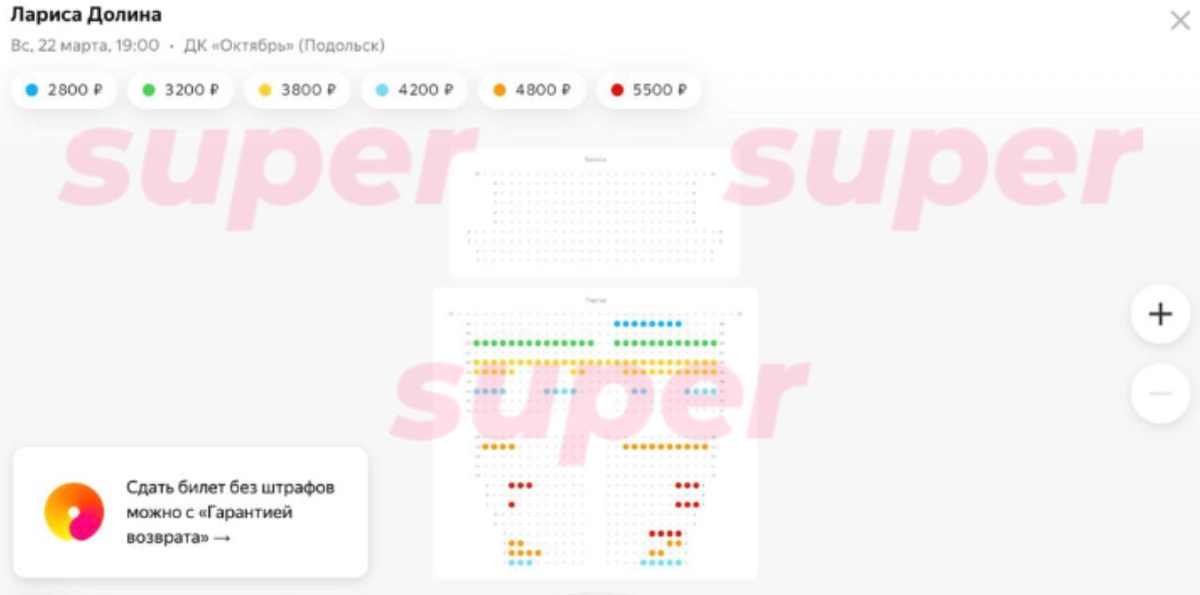     Схема зала с выкупленными билетами от 19 марта на концерт Ларисы Долиной в Подольске. Фото: Super