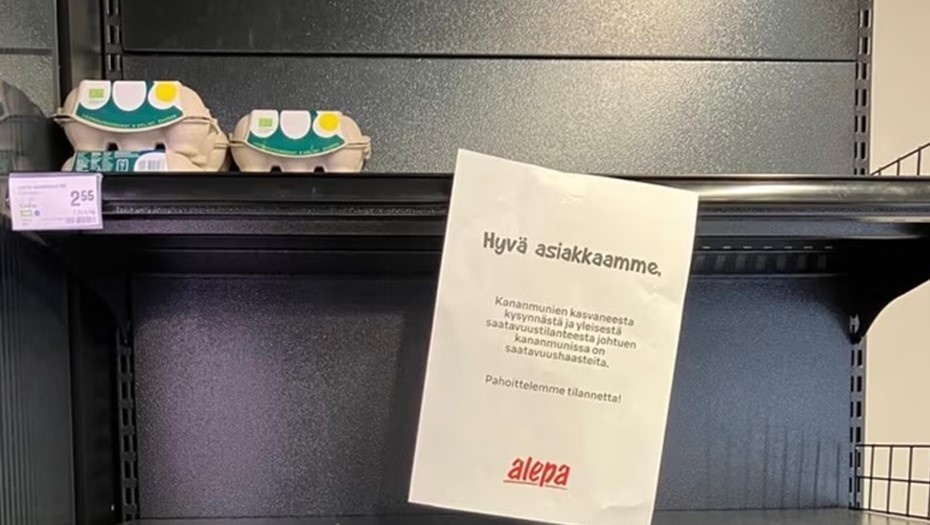 Автор фото: hs.fi. Пустые полки с яйцами в магазине сети Alepa в Хельсинки, Финляндия.