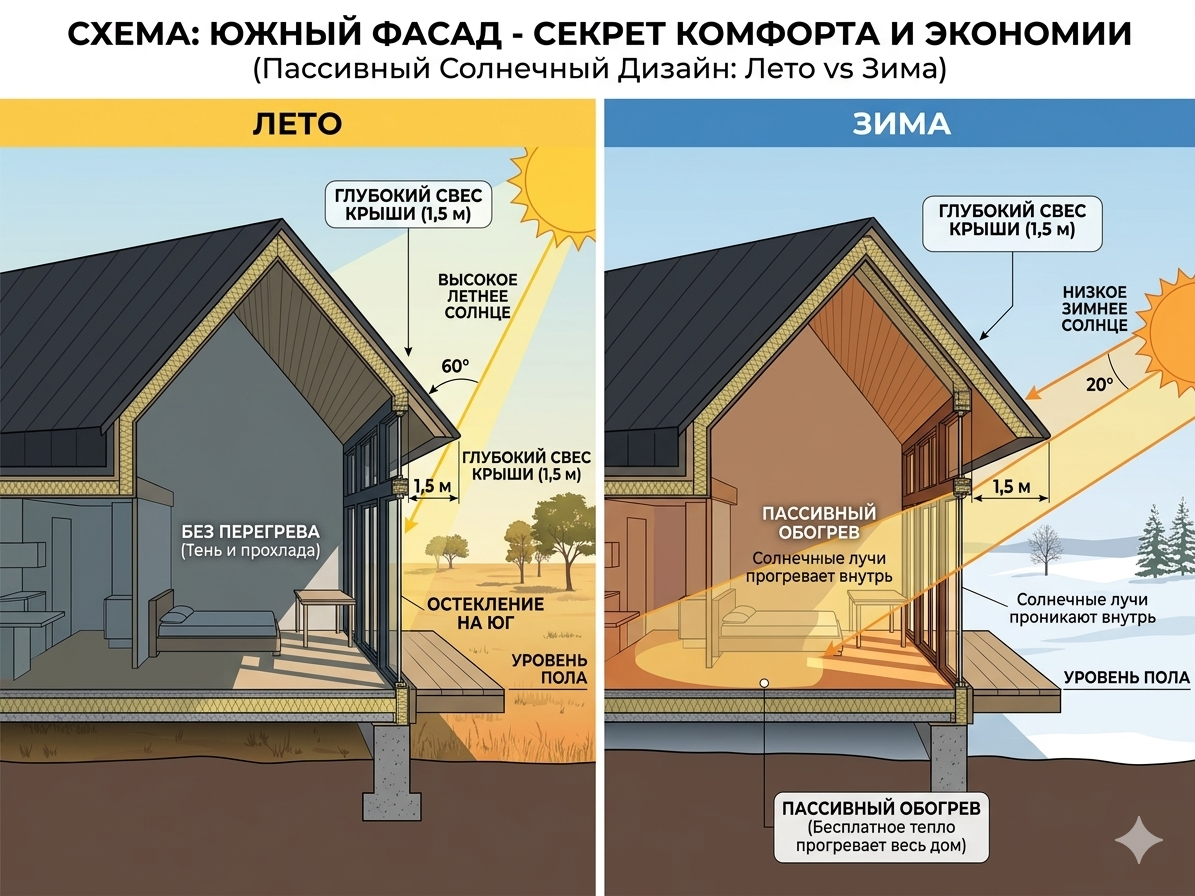 Примерная схема возаимодействия солнечного света с пространством дома