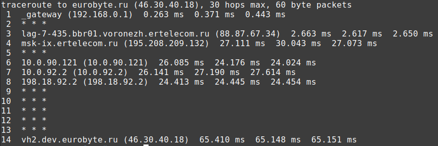 Пример вывода команды traceroute