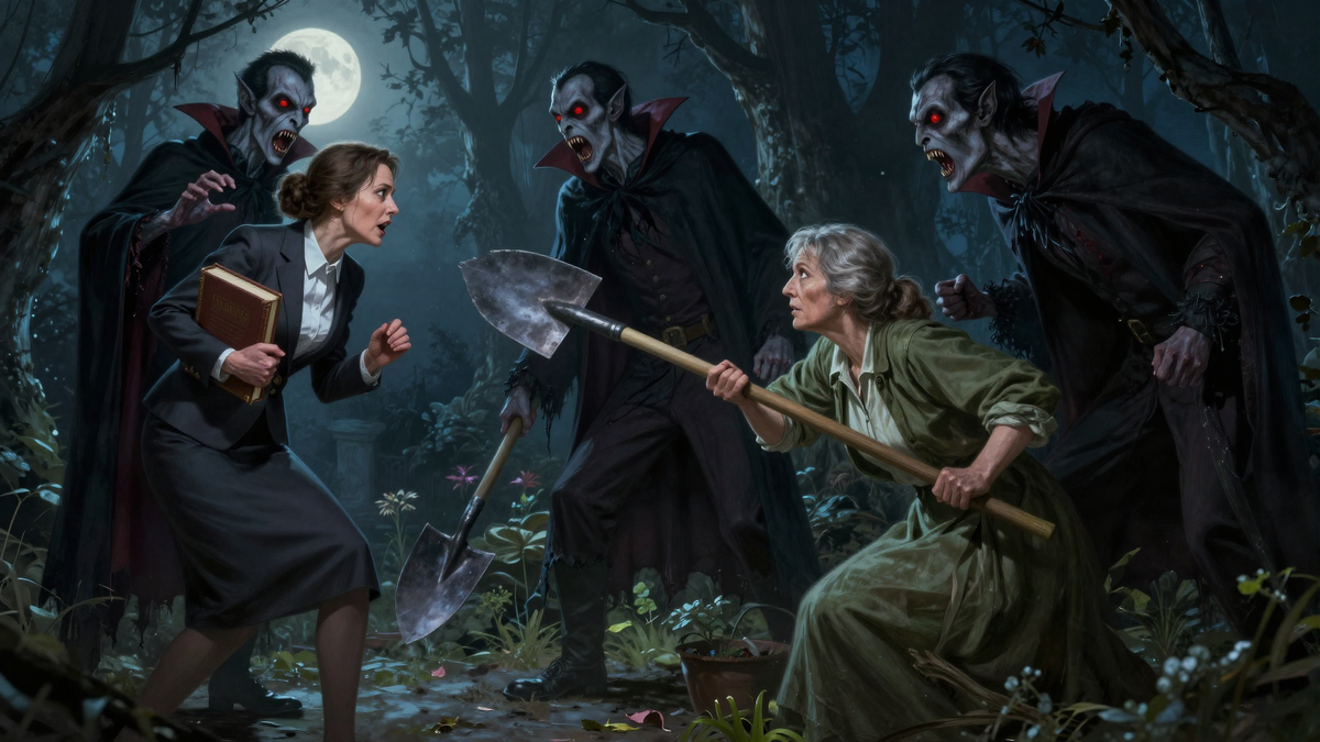 Учительница и пенсионерка отбиваются от упырей. Картинка создана нейросетью по мотивам выпуска новостей