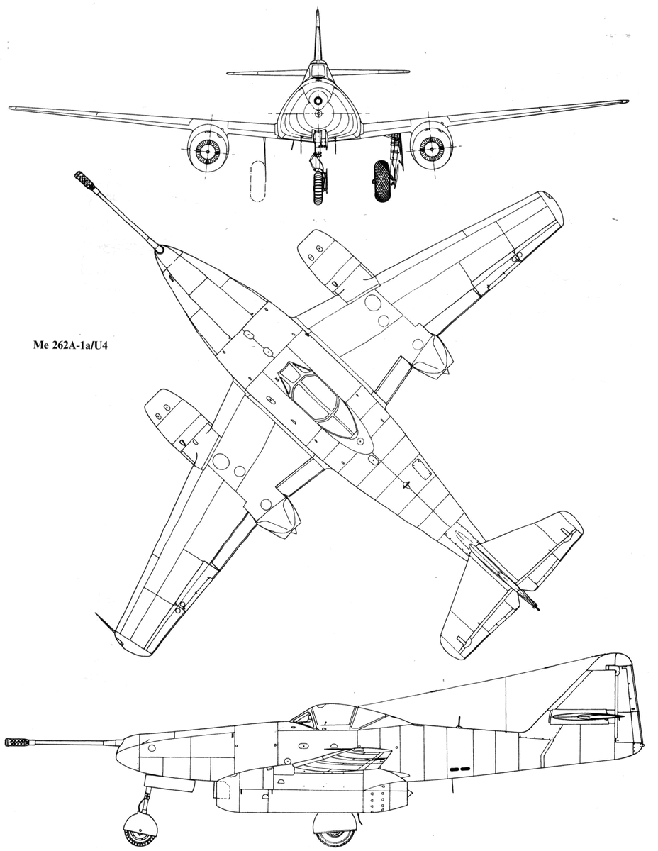 Эскиз Me.262A-1a/U4 Pulkzerstorer с установленной 50мм пушкой.
