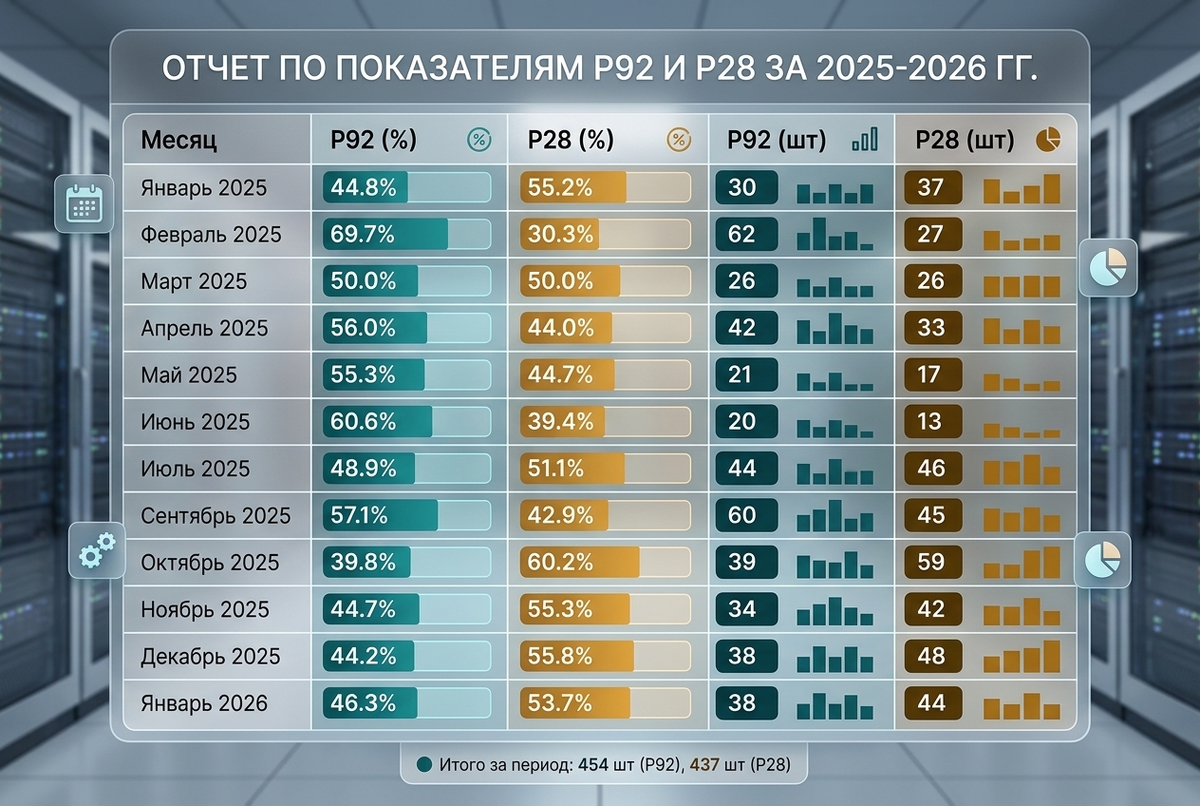 Показатели продаж по загибам р92 и р28
