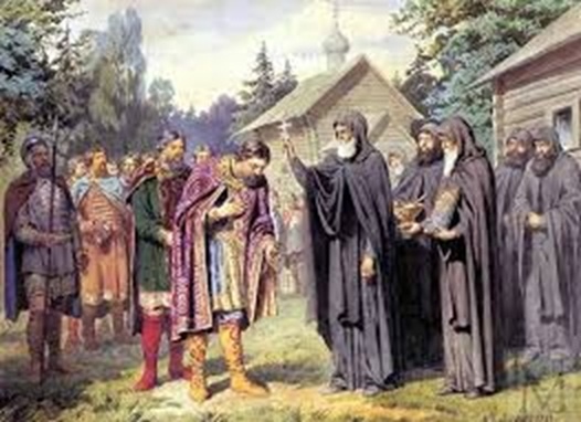 А. Д. Кившенко «Преподобный Сергий Радонежский благословляет московского князя Дмитрия Ивановича на битву с Мамаем»