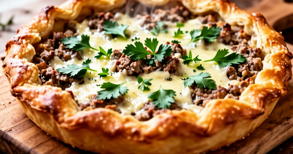Открытый мясной пирог с сыром и зеленью в слоеном тесте: Просто, сочно и очень вкусно!
