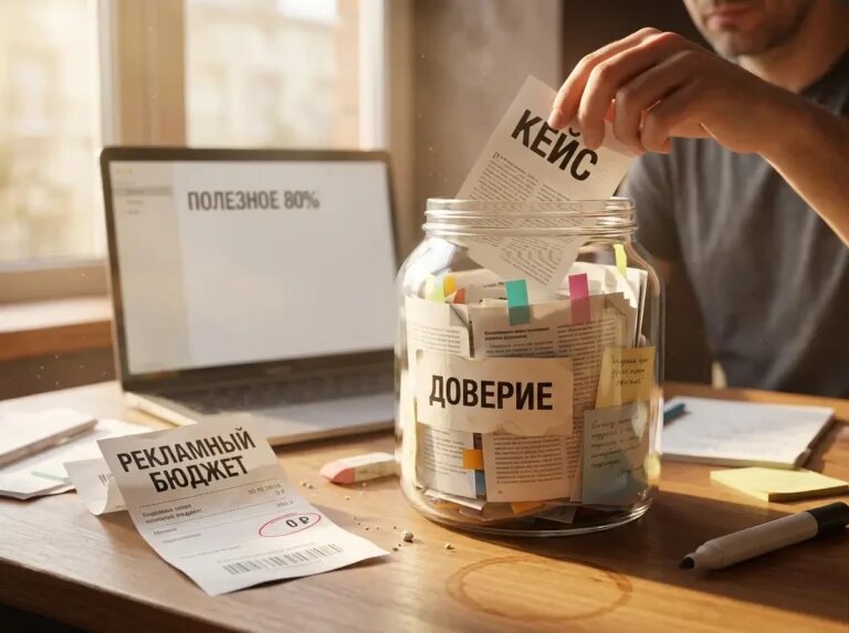    Контент вместо бюджета: материалы отправляются в копилку доверия, а чек «Рекламный бюджет — 0 ₽» остаётся на столе. "Kontenium"