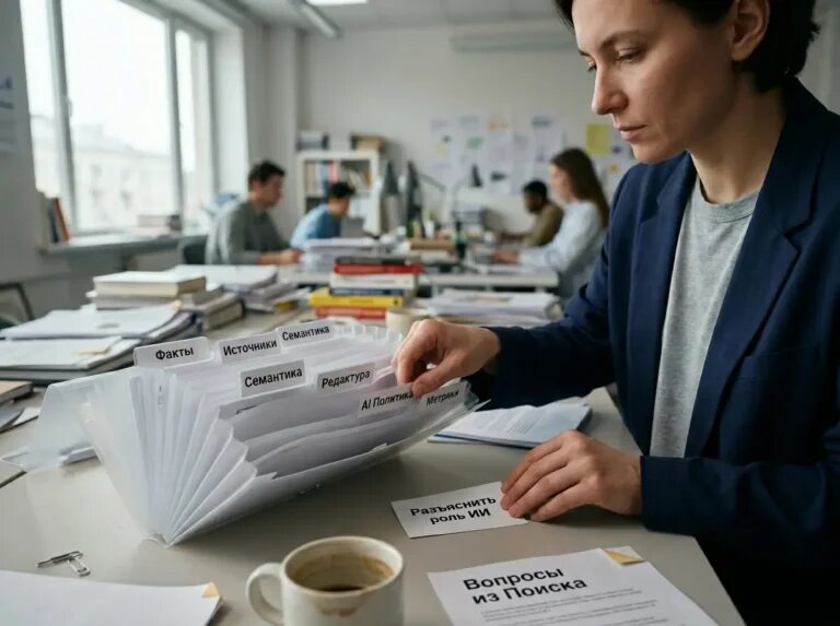    Момент выбора политики ИИ в рабочей системе доверия: вкладки, заметка и фокус на процессе. "Kontenium"