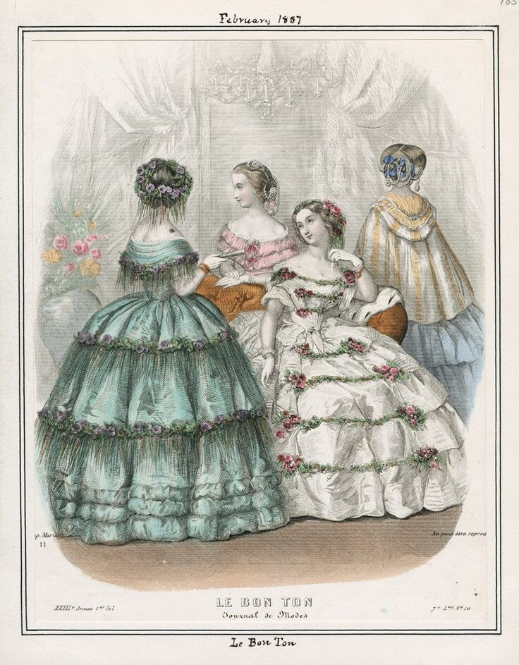 Дамы в бальных нарядах. Картинка из журнала мод, 1857 год.