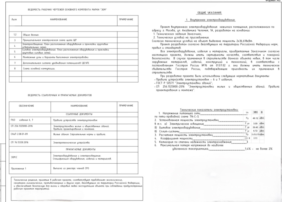 Общие данные по электропроекту. Фото автора.