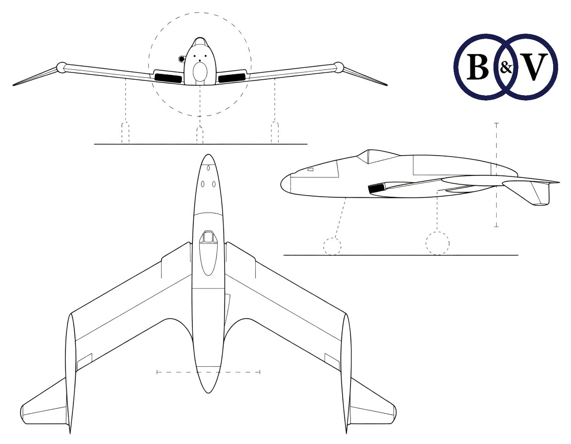 схема проекта истребителя Blohm und Voss P 208. Проект Blohm und Voss P 208 был разработан Рихардом Фогтом в качестве перспективного поршневого истребителя с высокими летными характеристиками, детали которого появились на чертеже, датированном 30 августа 1944 года. Самолет должен был оснащаться одним 24-цилиндровым шестирядным наддувным двигателем Junkers Jumo 222F. Данная итерация (P 208.03-02) имеет внешнее хвостовое оперение с ярко выраженным отрицательным углом поперечного V внешних стабилизаторов и с отсутствием килей. Рисунок Гая Инчболда © 2022. Изображение улучшено сайтом lmarena.ai