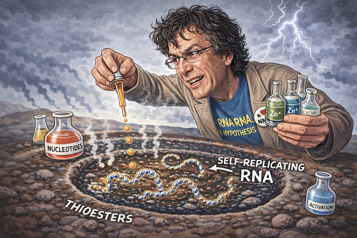 Александр Марков создаёт неизвестную для науки форму жизни - мир РНК организмов. Карикатура.