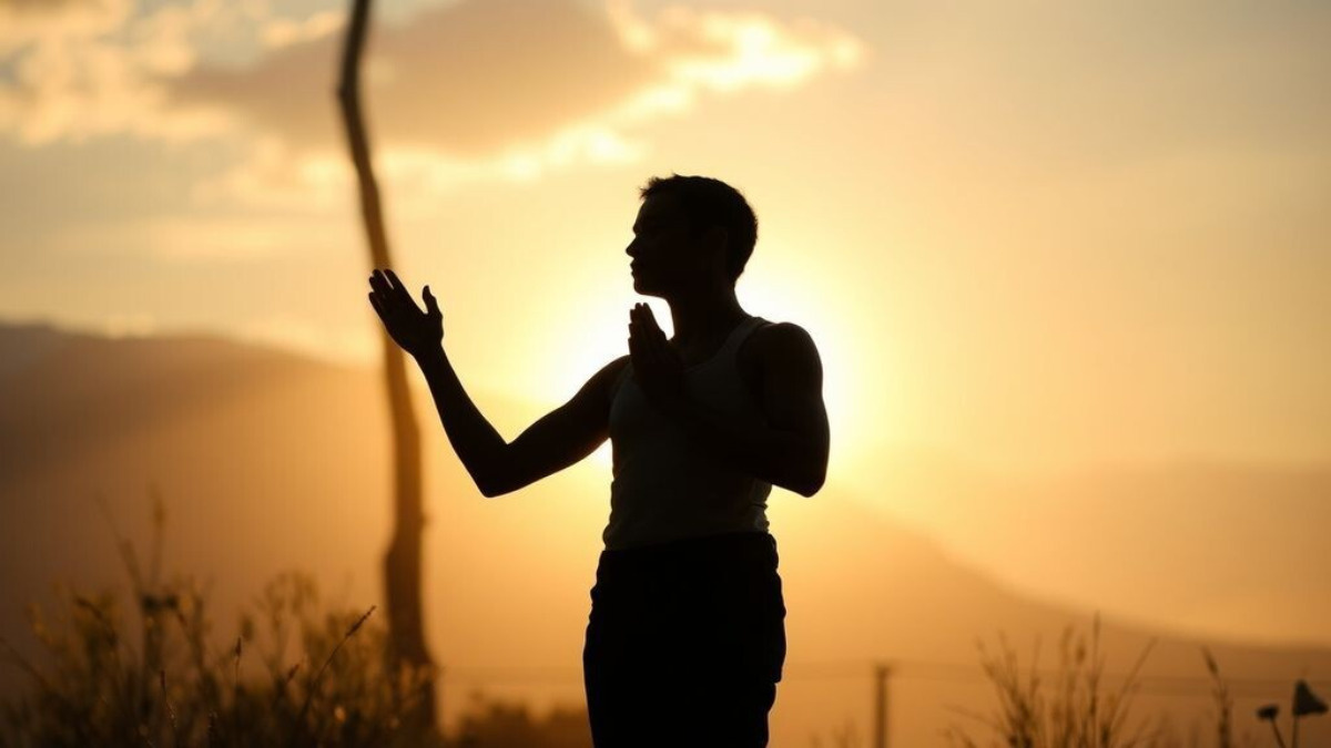 Силуэт человека в позе здоровья или молитвы на фоне природы
