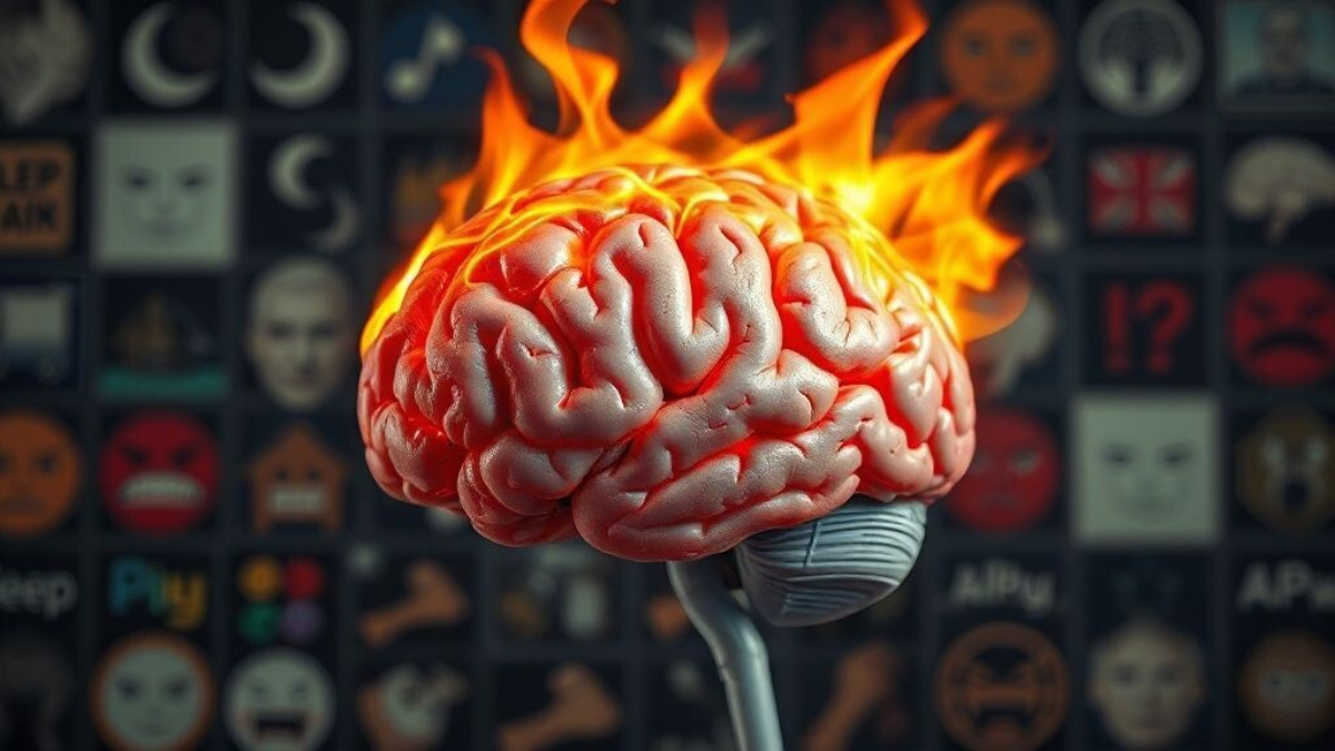 Мозг человека, у которого часть покрыта огненными или солнечными лучами, выглядит как перегретый и раздражённый, на фоне — символы сна, пробуждения и злости в виде иконок или выражений лица.